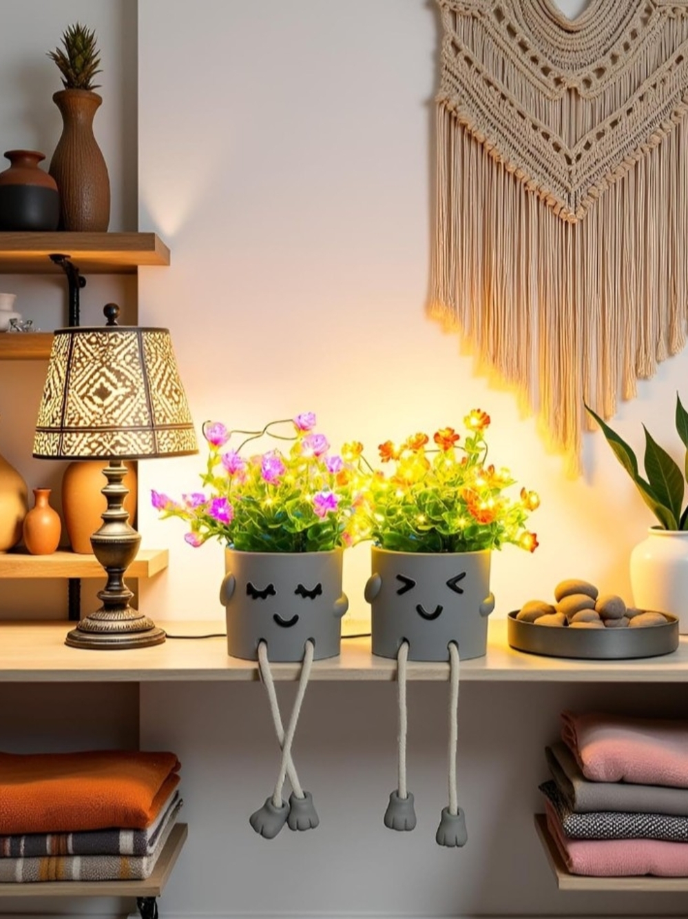 axphsox Set of 2 Cute Artificial Flower Pots w/ String Lights NEW